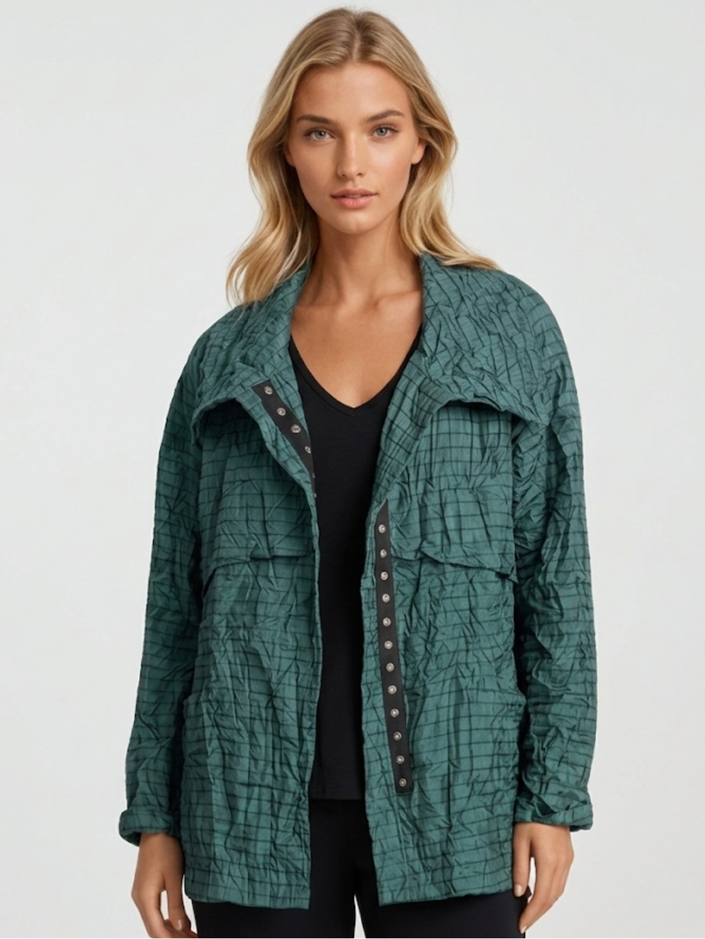 Kozan Crinkle Teal Women's Jacket with Wide Collar snap button closure small